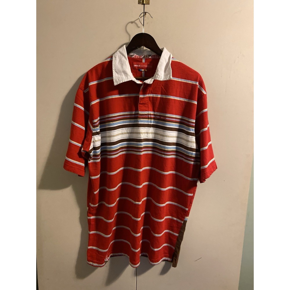 VTG Enyce Clothing Co Polo Baggy Red Multi Color Stripe Mens Short Sleeve Y2K L